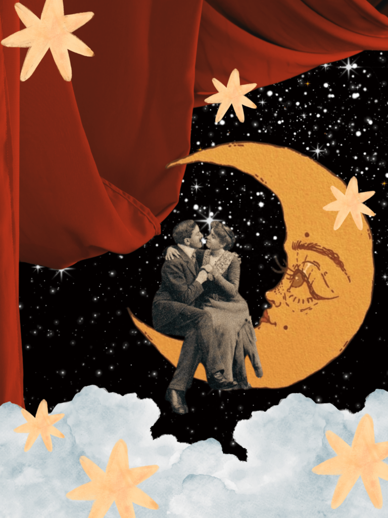Starry Night-min a collage with two people sitting on a yellow moon with blue clouds in the foreground and a red curtain draped over the top